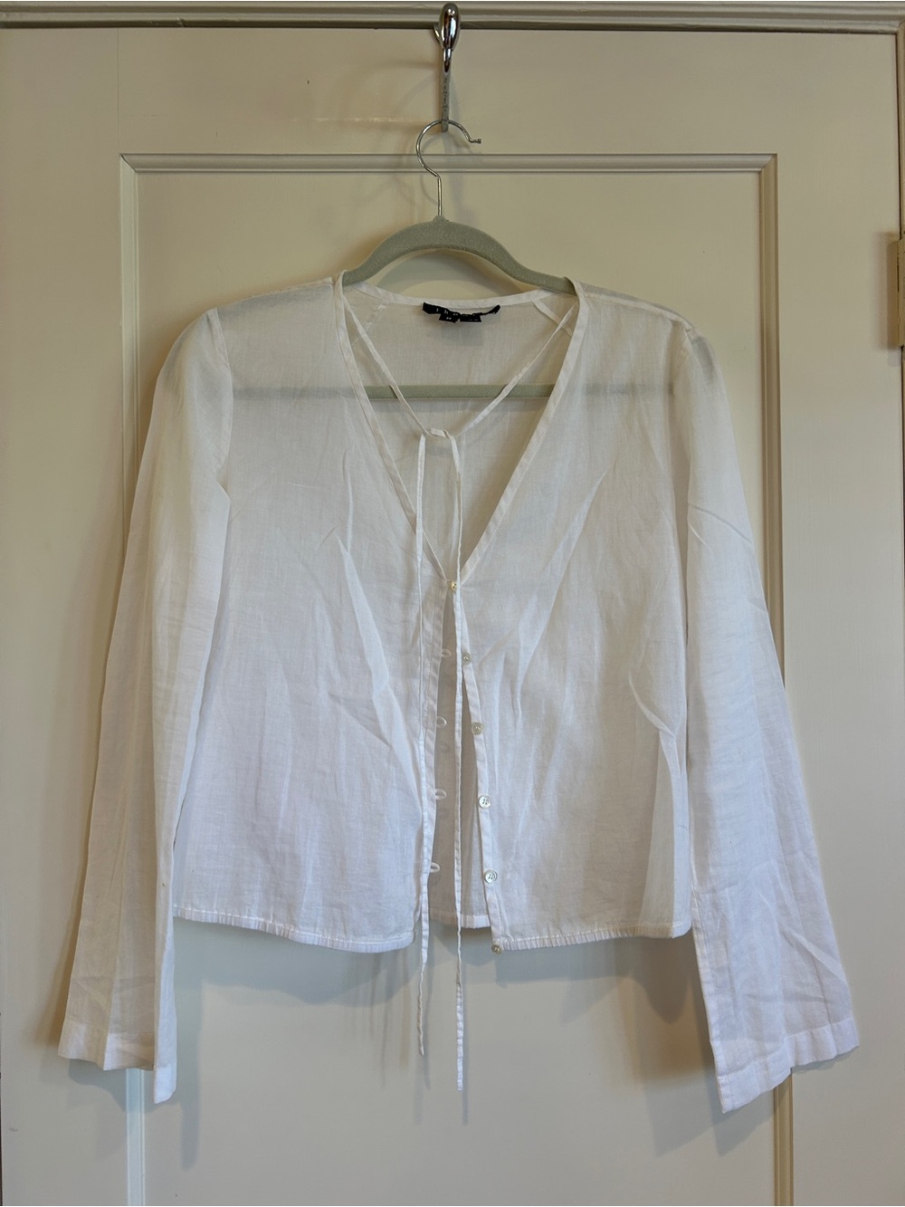 Theory White Button-Front Tie-Neck Long Sleeve Top